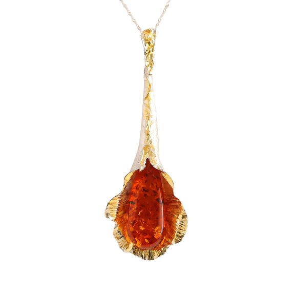 Baltic Amber Tulip Pendant Statement Necklace in s925 and 14k Gold